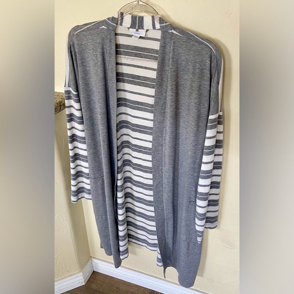 J. Jill pure women’s size large gray & white stripped long cardigan tencel blend